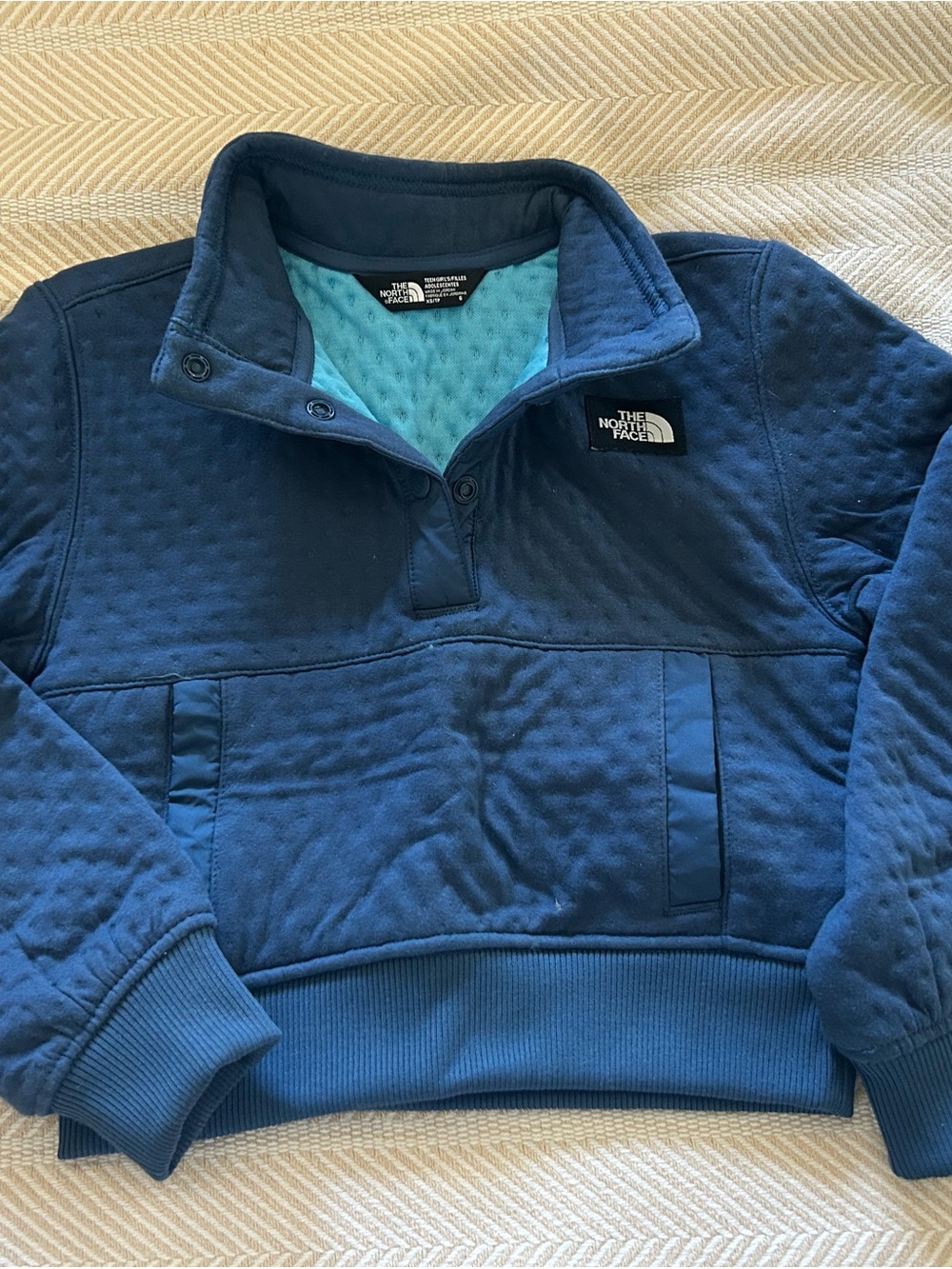 The North Face Navy Blue Quarter-Snap Pullover with Aqua Lining